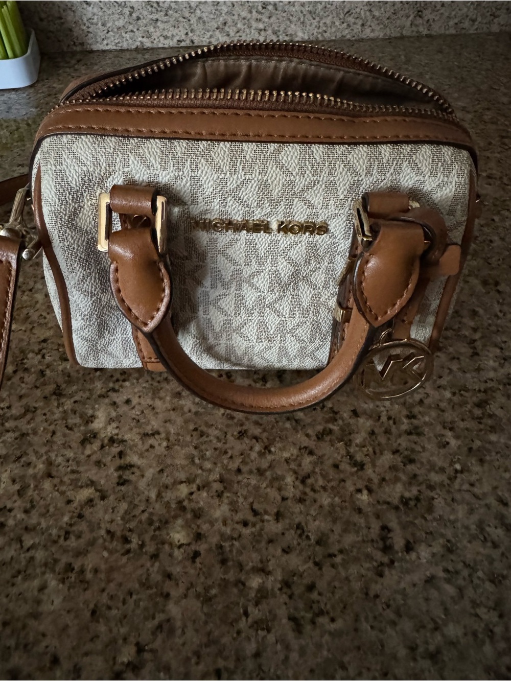 Michael Kors Beige Signature Mini Satchel with Tan Leather Trim